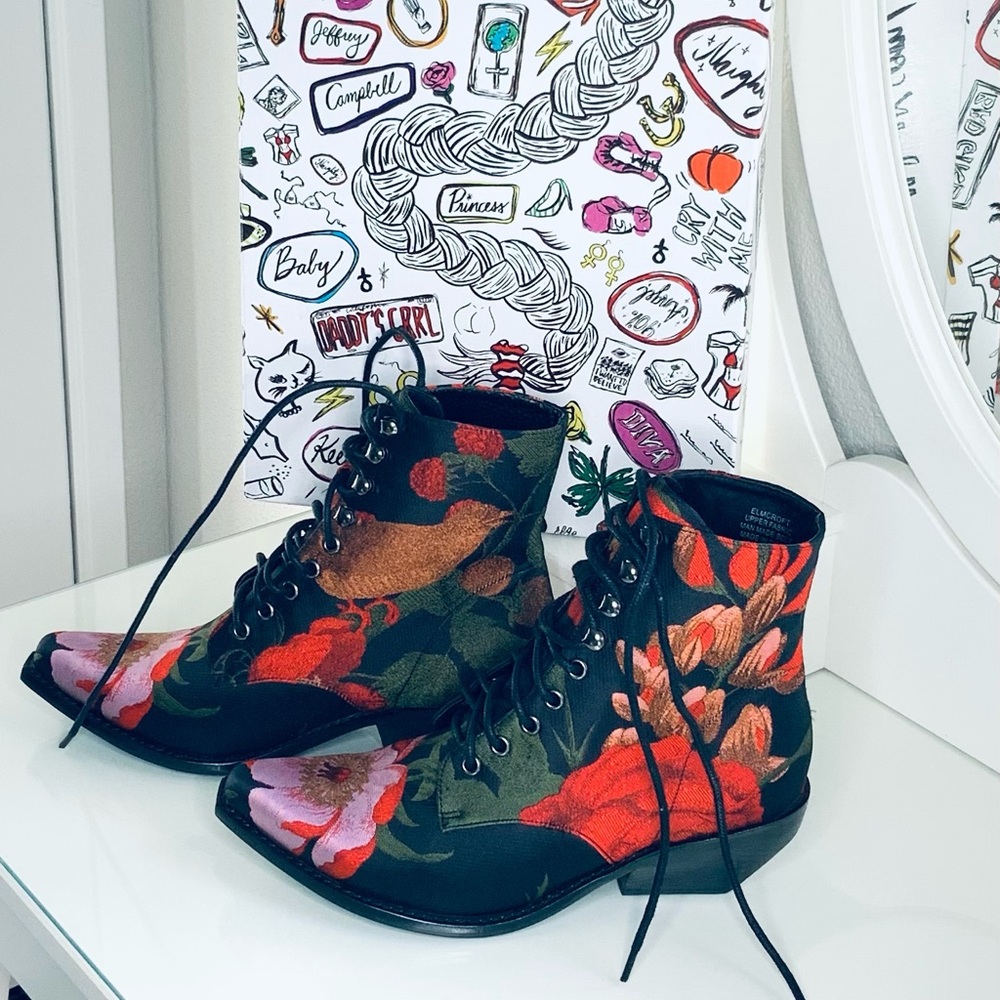 Jeffrey Campbell Elmcroft Floral Heeled Boots - Black and Red